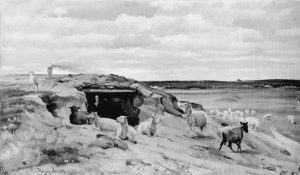 Hans Smidth. Faareflok foran en jordhule med folk. Geografisk marginalisering